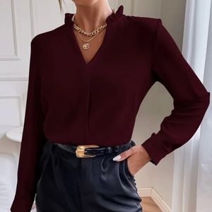 SHEIN Solid Notched Neck Shirt in Burgundy